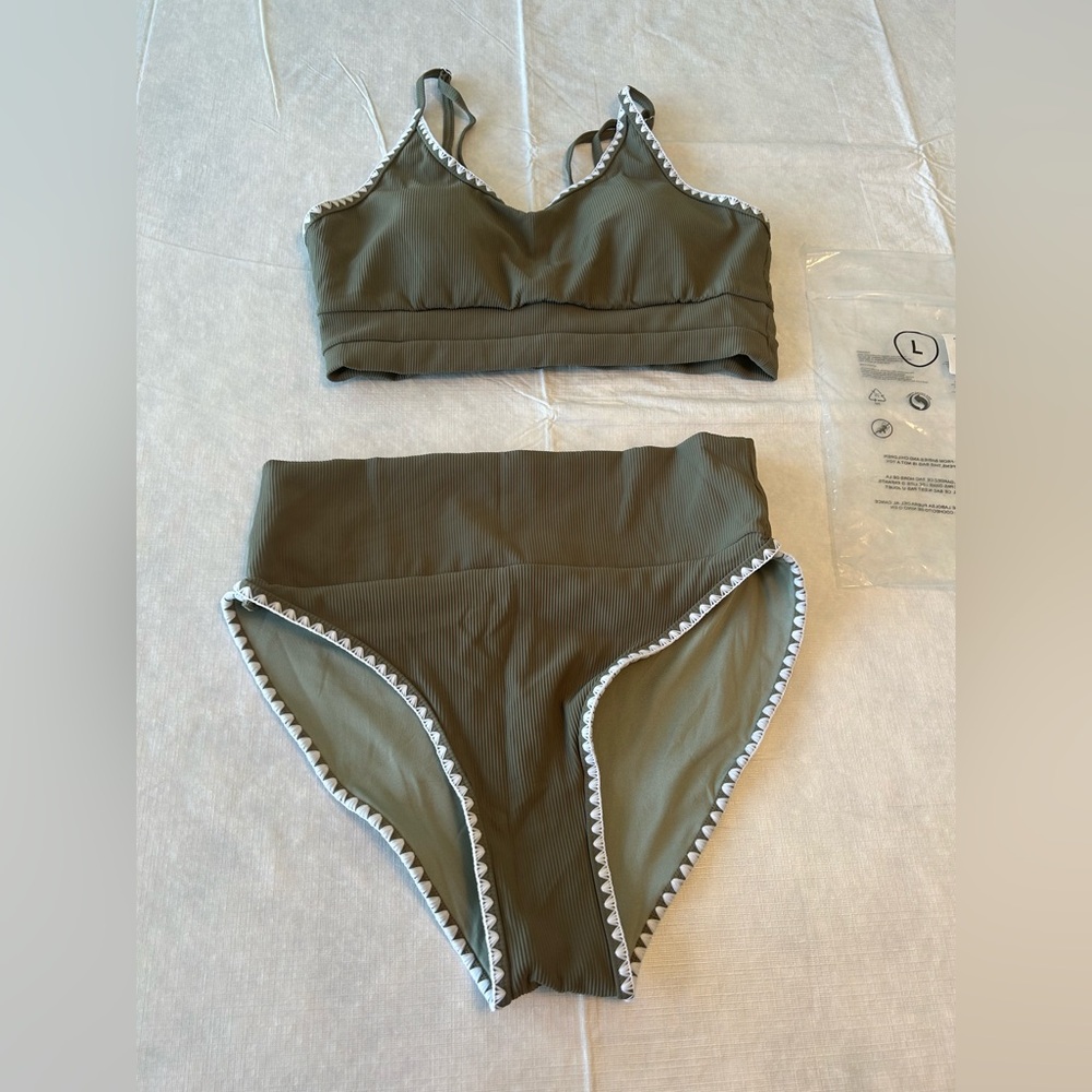Olive Ribbed High-Waist Bikini Set with Lace Trim - Picture 4 of 9